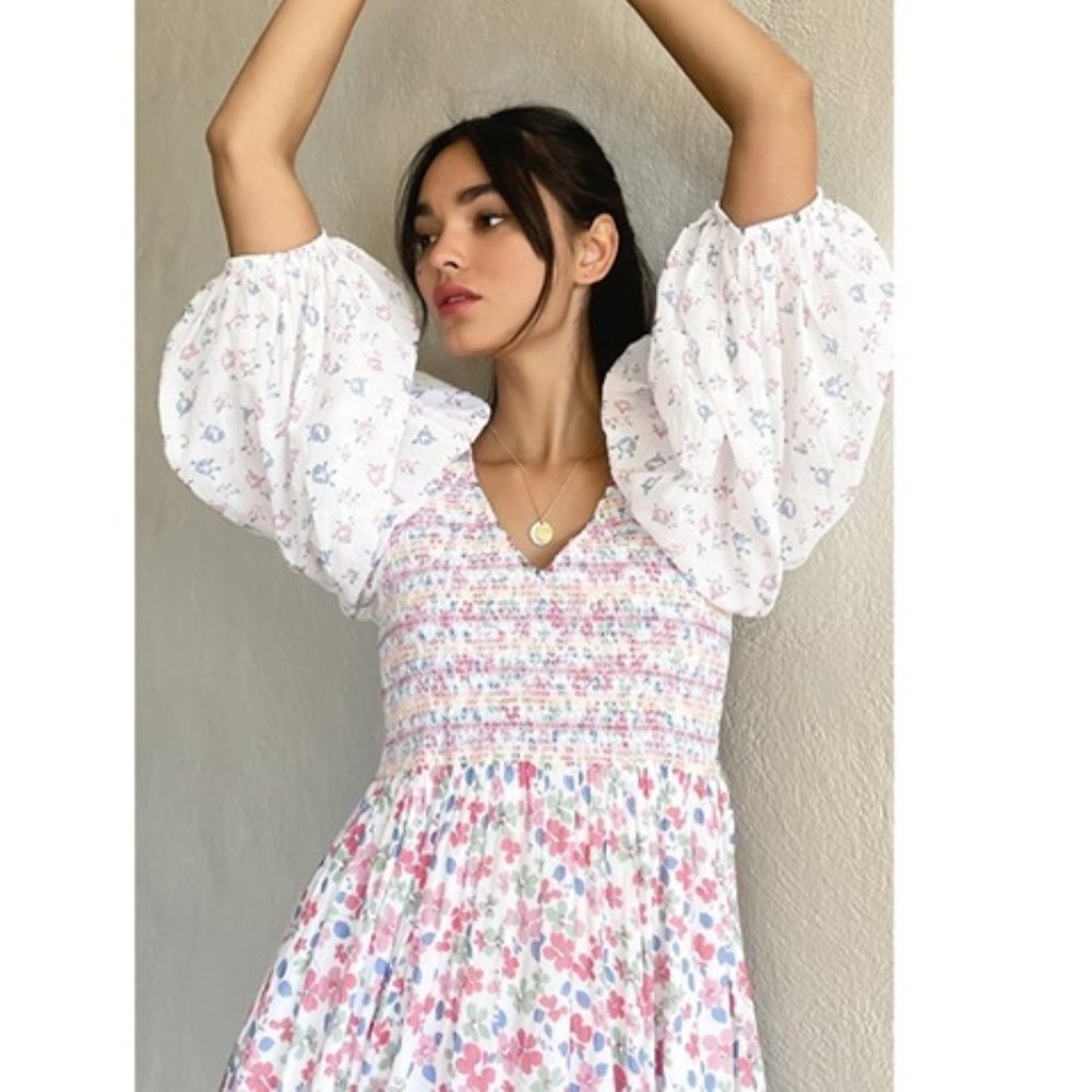 $425 Loveshackfancy Analia midi smocked cotton floral dress P